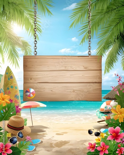 Tropical Summer Holiday Social Media Background with Blank Wooden Board