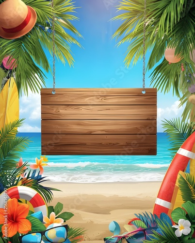 Tropical Summer Beach Social Media Post Background with Wooden Sign
