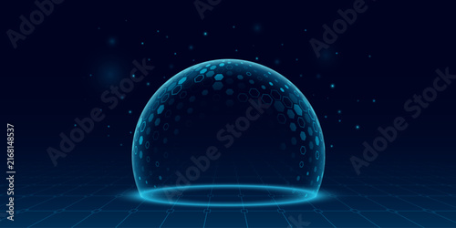 Holographic shield dome with glowing edges and hexagonal digital pattern on dark blue HUD grid background. Protective energy barrier symbolizing cybersecurity or data protection. Vector illustration.