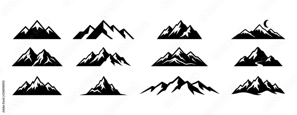 Fototapeta premium Set of twelve black silhouette mountain range vector illustrations featuring snowy peaks and a crescent moon, perfect for outdoor adventure, camping, and hiking logo design projects.