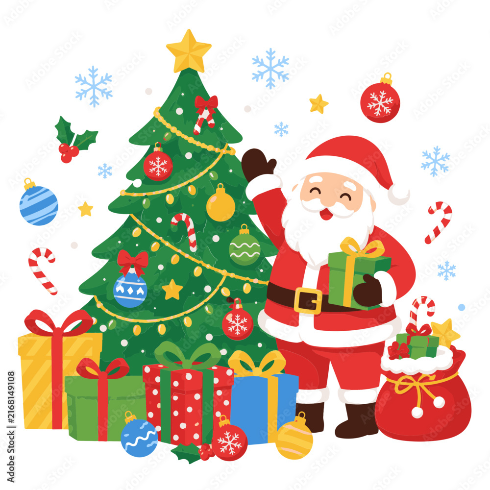Naklejka premium Joyful Santa Claus with Decorated Evergreen Wrapped Presents and Festive Ornaments Evokes Holiday Spirit Winter Celebration and Merry Christmas Greetings Amidst Falling Snowflakes and Candy Canes.