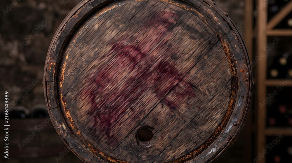 Fototapeta premium Stained wooden wine barrel front sitting within dark rustic underground stone cellar setting capturing viticulture process