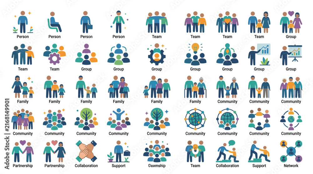 Fototapeta premium This icon set features people illustrations, including teams, individuals, groups, families, communities, and more, all in vector format and easily color-customizable