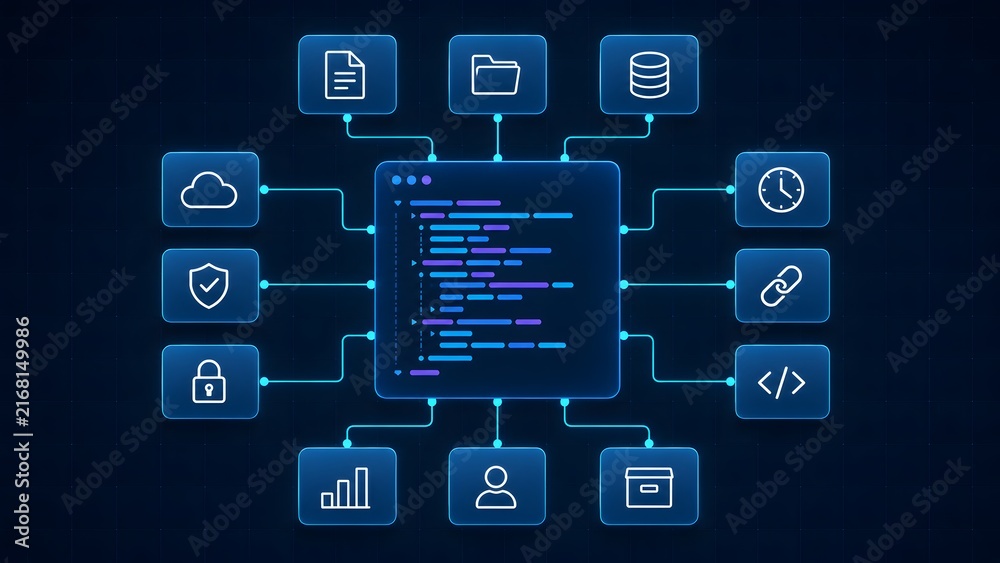 Fototapeta premium Comprehensive Software Development Dashboard Connecting Central Programming Code Modules to Secure Cloud Storage, User Analytics, and Database Icons