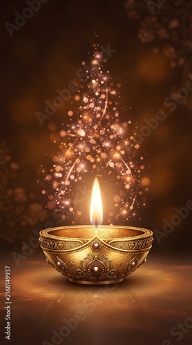 Golden diya lamp with glowing flame and sparkling bokeh a digital illustration of festive light