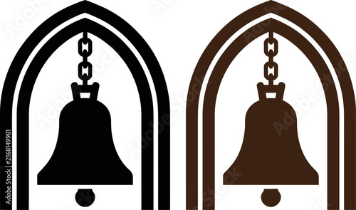 Bild auf Leinwand Two black church bells hanging in arched frames illustration