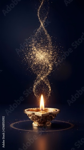 Golden diya lamp with sparkling light trail a traditional oil lamp with a festive glow