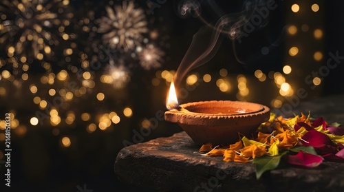 Illuminated diya lamp with smoke and bokeh lights traditional earthenware oil lamp for diwali