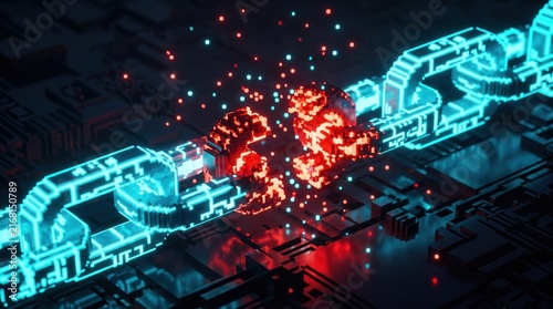 Glowing digital chain is snapping with red sparks over a dark circuit board background. Digital chain symbolizes a blockchain security breach, cyber attack failure, or encrypted link decoupling.