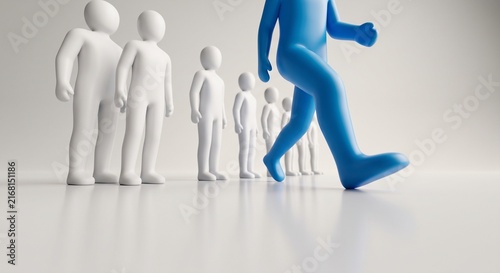 Blue 3D figure stepping out from a crowd of white figures, illustrating leadership and individuality concepts.