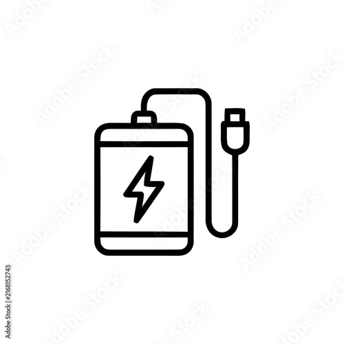 Battery charging icon with usb cable black line art style