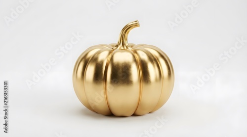Single gold painted pumpkin on a white background