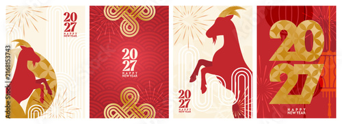 chinese new year 2027, year of the goat. vector abstract a4 posters set with symbols fire goat, asian lanterns, chinese cloud and coin, red background, fireworks in modern illustration
