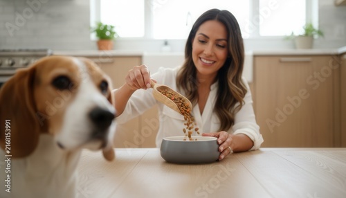 Smiling Latina woman carefully measuring nutritious kibble into a pet bowl with a curious beagle waiting patiently