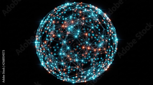Futuristic 3d sphere made of glowing blue and orange data network nodes and interconnected lines on black background