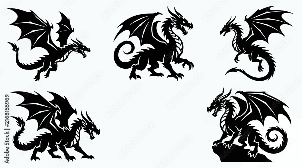 Fototapeta premium Set of five fierce black dragon silhouettes in dynamic flying and roaring poses