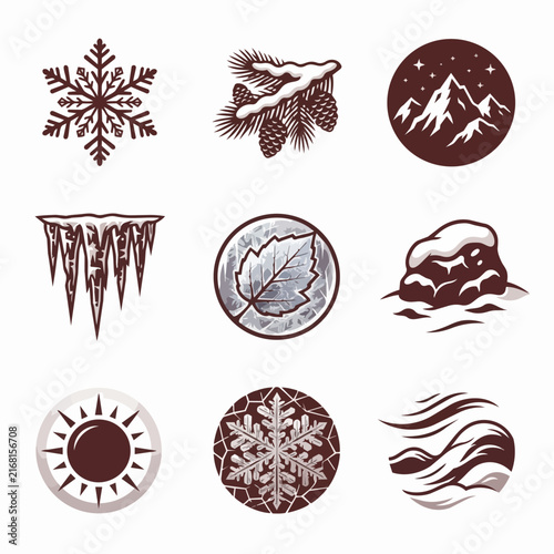Cuadro en lienzo Winter nature icons set with snowflakes and mountains