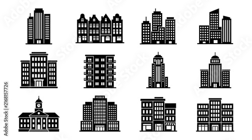 Minimalist office and residential building silhouettes.
