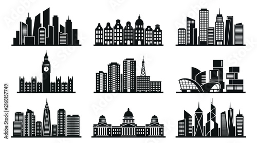 Black city skyline and building silhouette icon set.
