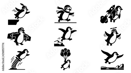 Cute cartoon penguin activity icons set.