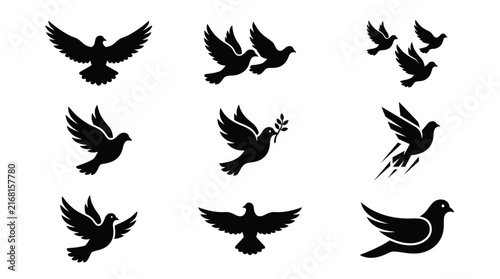 Peace dove and pigeon silhouette collection.
