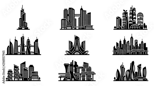 Futuristic eco friendly city skyline tower icons.