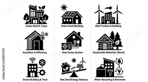 Technical icons for energy efficient building systems.