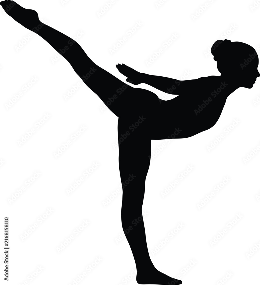 Fototapeta premium Silhouette of a female dancer performing a high leg kick. Graceful ballet pose.
