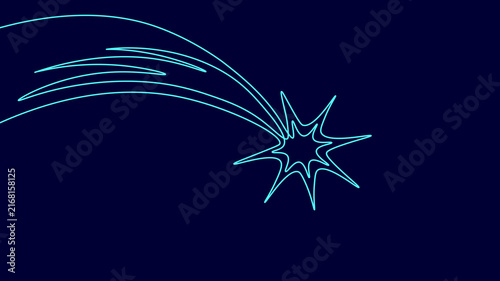 Continuous line shooting star comet drawing. Minimalist one line art style. Logos postcards books t-shirts covers print. Dark blue background cyan outline vector illustration.