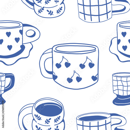 Seamless cozy tea and coffee cups pattern in doodle hand drawn blue line art style