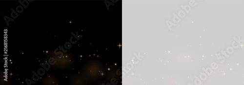 Foto Scattered small golden sparkles and glowing stars on a black background on trans