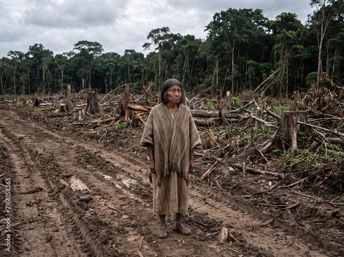 Indigenous elder in traditional garments standing helplessly on bulldozed dirt road