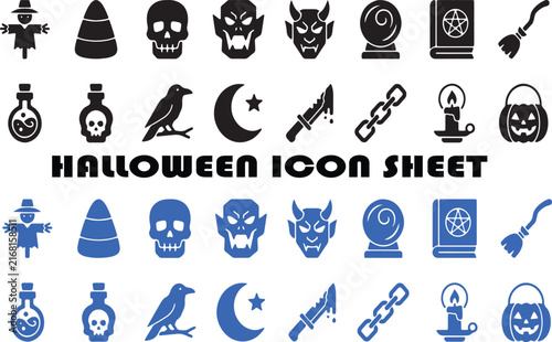 Halloween icon set with pumpkins, skulls, and spooky symbols