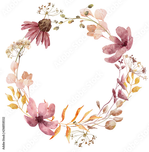 Watercolor autumn floral wreath, fall floral frame