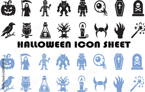 Halloween icon set with pumpkins, ghosts, and spooky symbols