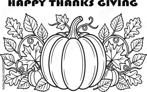 Happy Thanksgiving pumpkin and autumn leaves black and white line art