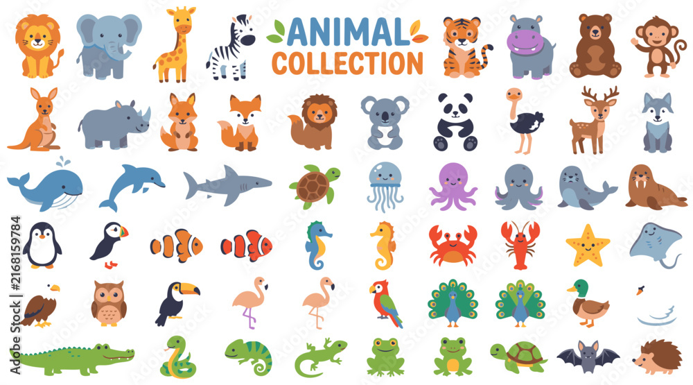 Naklejka premium Set of cute cartoon wild and domestic animals in vector illustration style with animal collection zoo animals safari animals forest animals