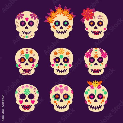 Dia de los Muertos Sugar Skull Collection ,Colorful Floral Calavera Icon Set