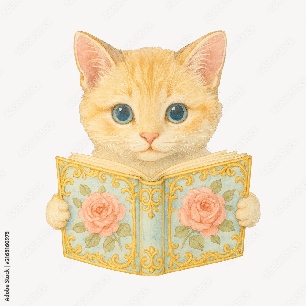 Naklejka premium Adorable kitten reading book illustration.