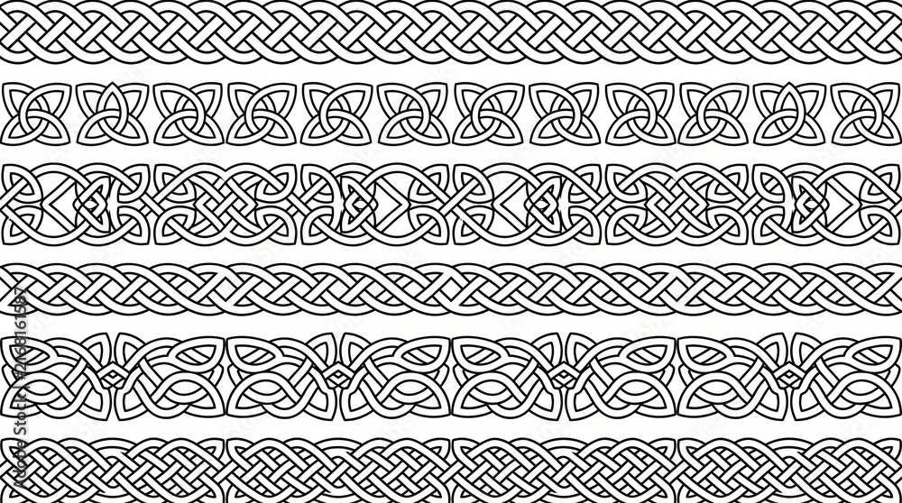 Set of intricate celtic knotwork seamless borders and decorative design elements