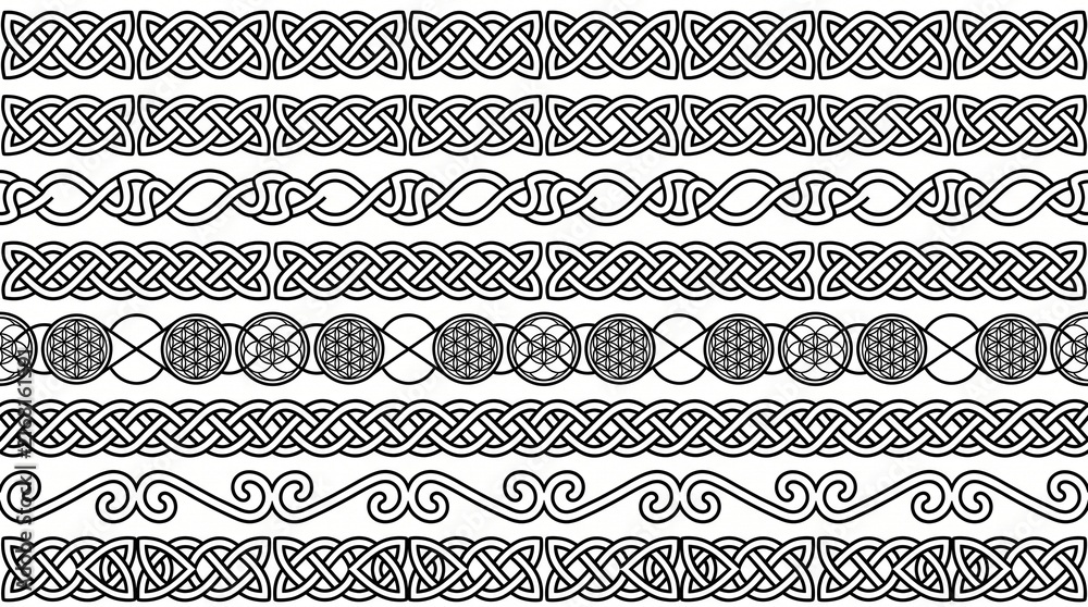 Set of celtic knot horizontal seamless borders and dividers in black and white