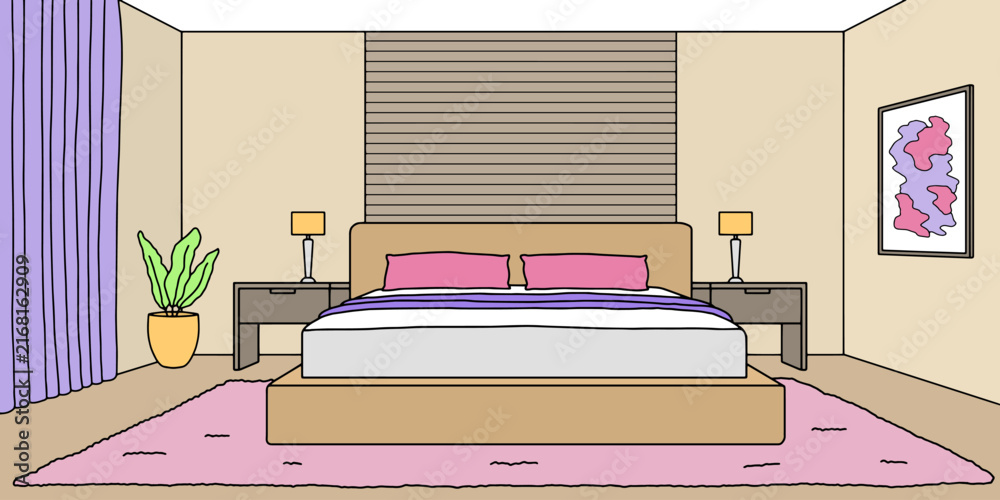 Fototapeta premium Bedroom graphic color home interior sketch illustration vector 
