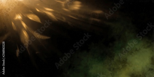 Abstract Deep Forest Aura Background with Golden Sun Rays and Green Mossy Mist