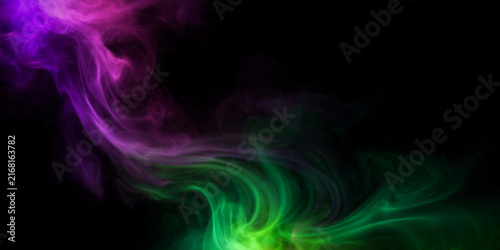 Abstract Purple and Green Smoke Wave on Black Background Colorful Mystic Aura Vapor Trail Background