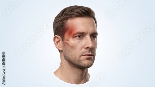 Migraine shown in premium minimal medical CGI with unilateral fronto temporal pain and restrained tissue emphasis on clean pale blue neurological background.