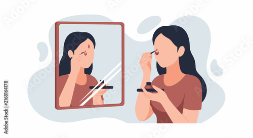 Woman applying makeup looking in a mirror flat vector illustration