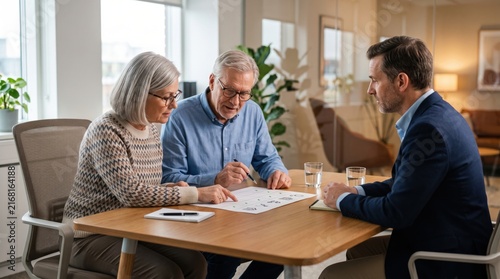 Healthcare coverage becomes central to retirement planning as older couple compares insurance choices with advisor and prepares for future medical costs and care together.