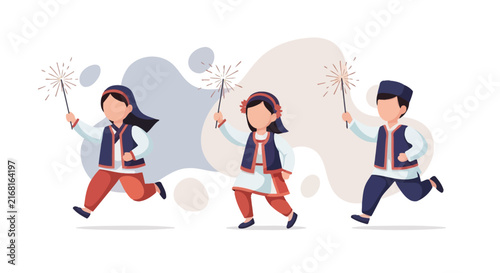 Young girl celebrating holding a bright sparkler running joyfully