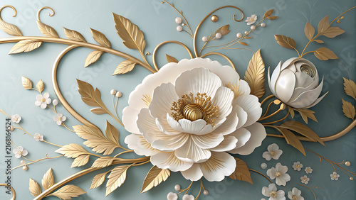 Elegant white peony flower with golden leaves and branches