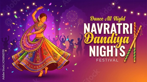 Illustration of couple playing Garba and Dandiya in Navratri Celebration and disco, Gujarati Garba Night poster for Navratri Dussehra festival of India
